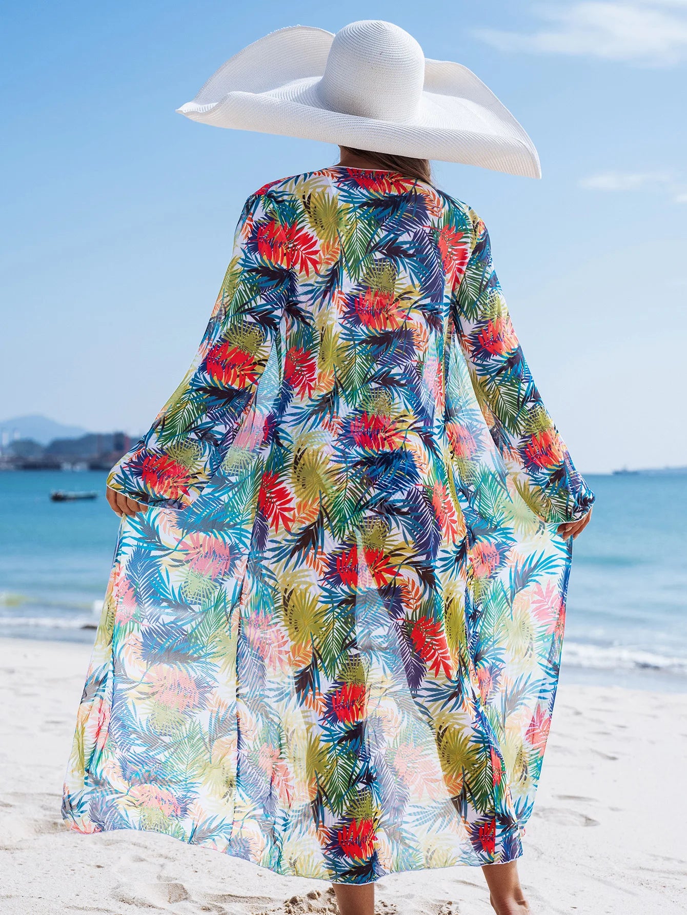 Vintage Red Leaves Print Cover Up 3 Piece Bikini