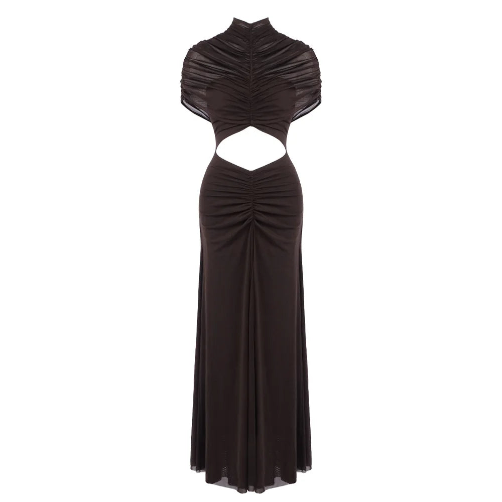 Crew Neck Sheer Mesh Smocked Tiered Hollow Out Long Prom Dress