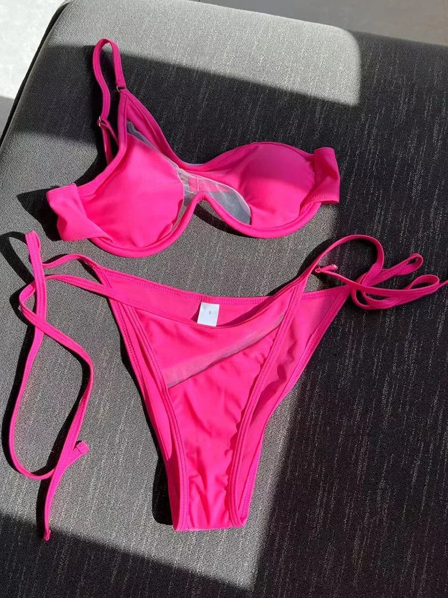 Splicing Black Mesh Underwired Bikini