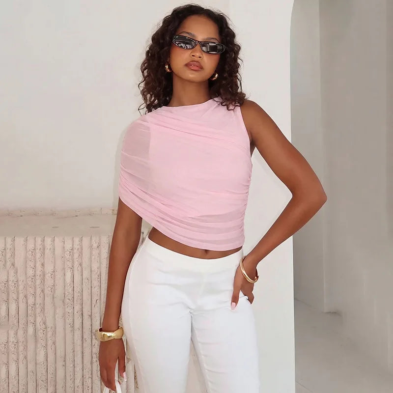 Ins Style One Shoulder Drape Neck Ruched Waist Slim Fit Casual  Tops