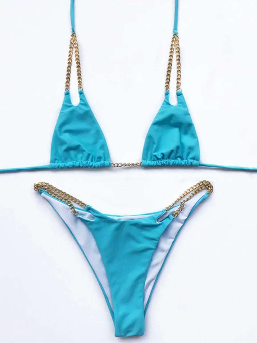 Sexy Halter Metal Chains Brazilian Bikini