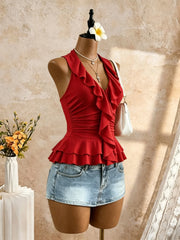 Halter V Neck Ruffle Trim Ruched Waist Peplum Hem Slim Fit Crop Cami Top