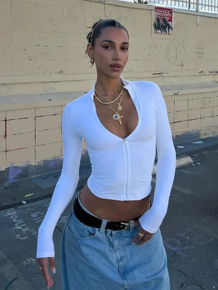 Long sleeved semi high neck zipper cardigan short style tight fitting spicy girl style fashionable crop Top