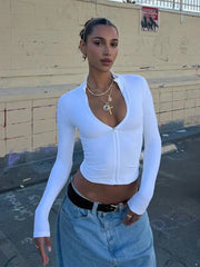 Long sleeved semi high neck zipper cardigan short style tight fitting spicy girl style fashionable crop Top