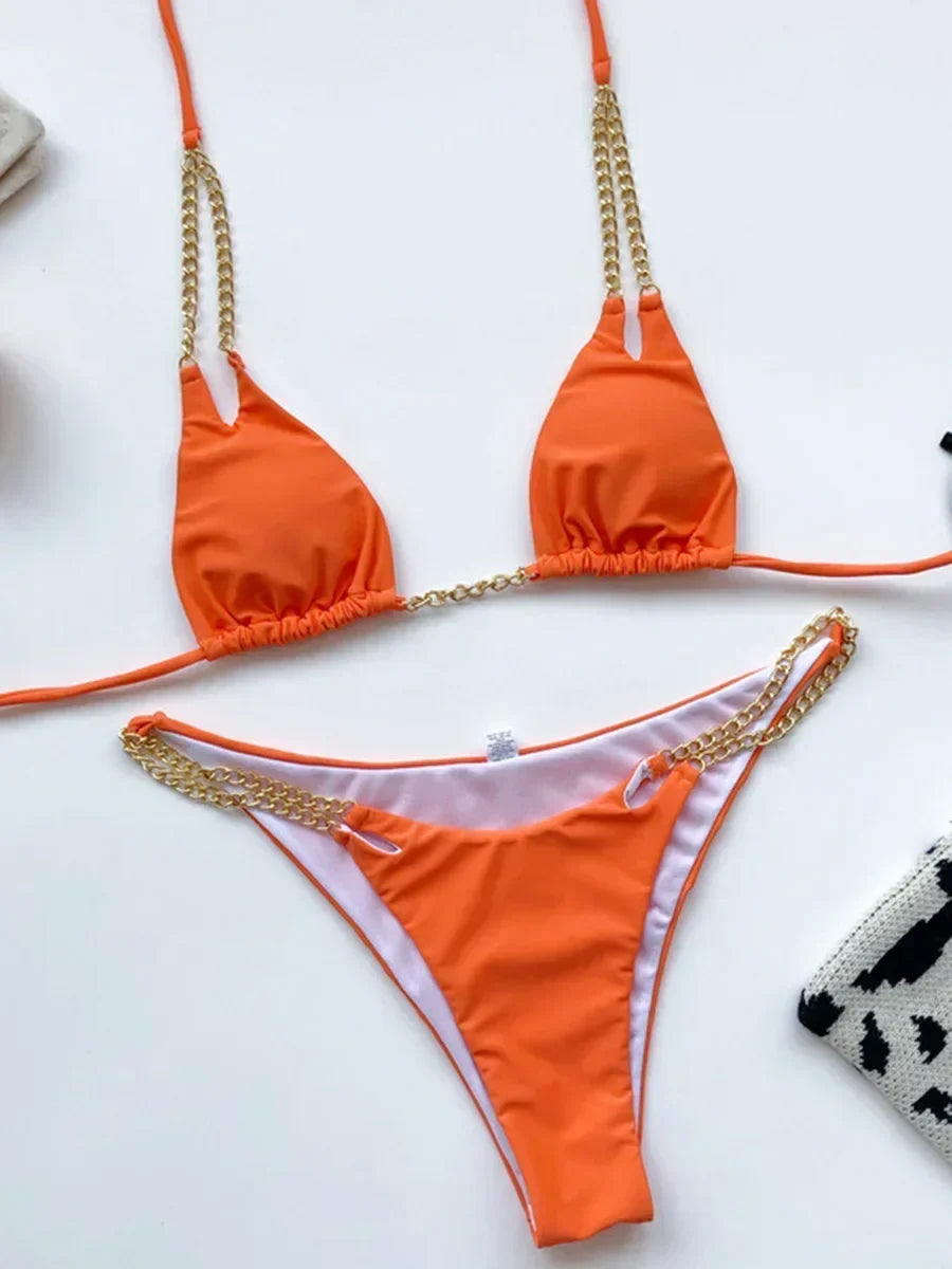 Sexy Halter Metal Chains Brazilian Bikini