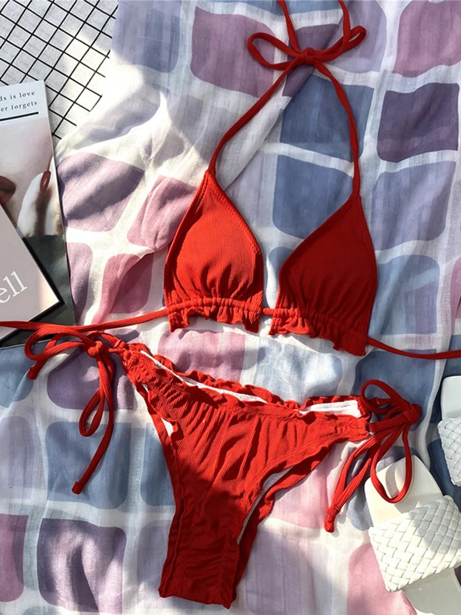 Ribbed Ruffled Frilled Brazilian Bikini