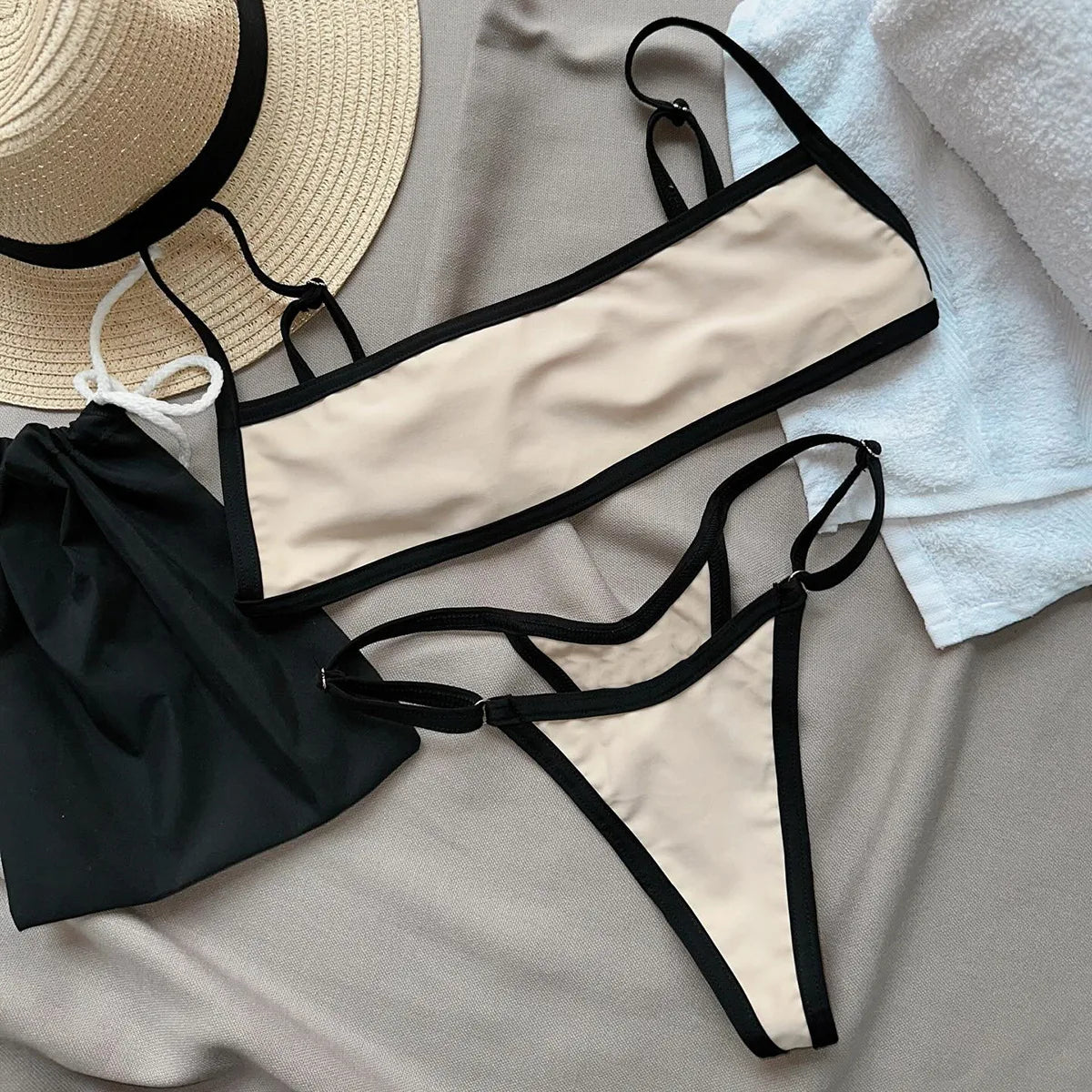 Sexy Beige Black Patchwork Bikini Set