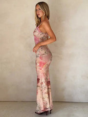 Print Lace Splicing Long Dress