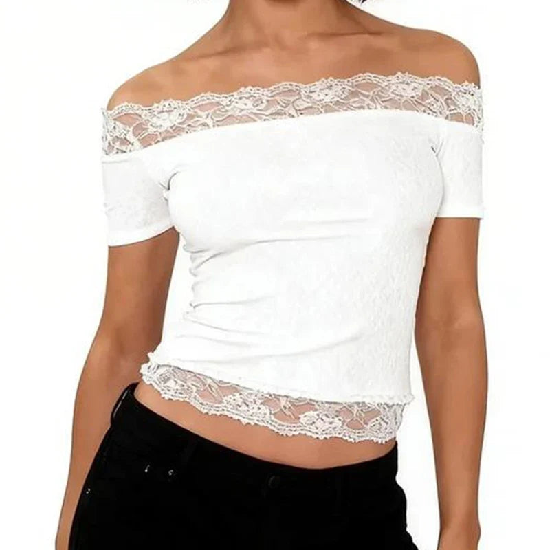 Y2K Coquette Sexy Short Sleeve T-shirt Off Shoulder Lace Trim Crop Top