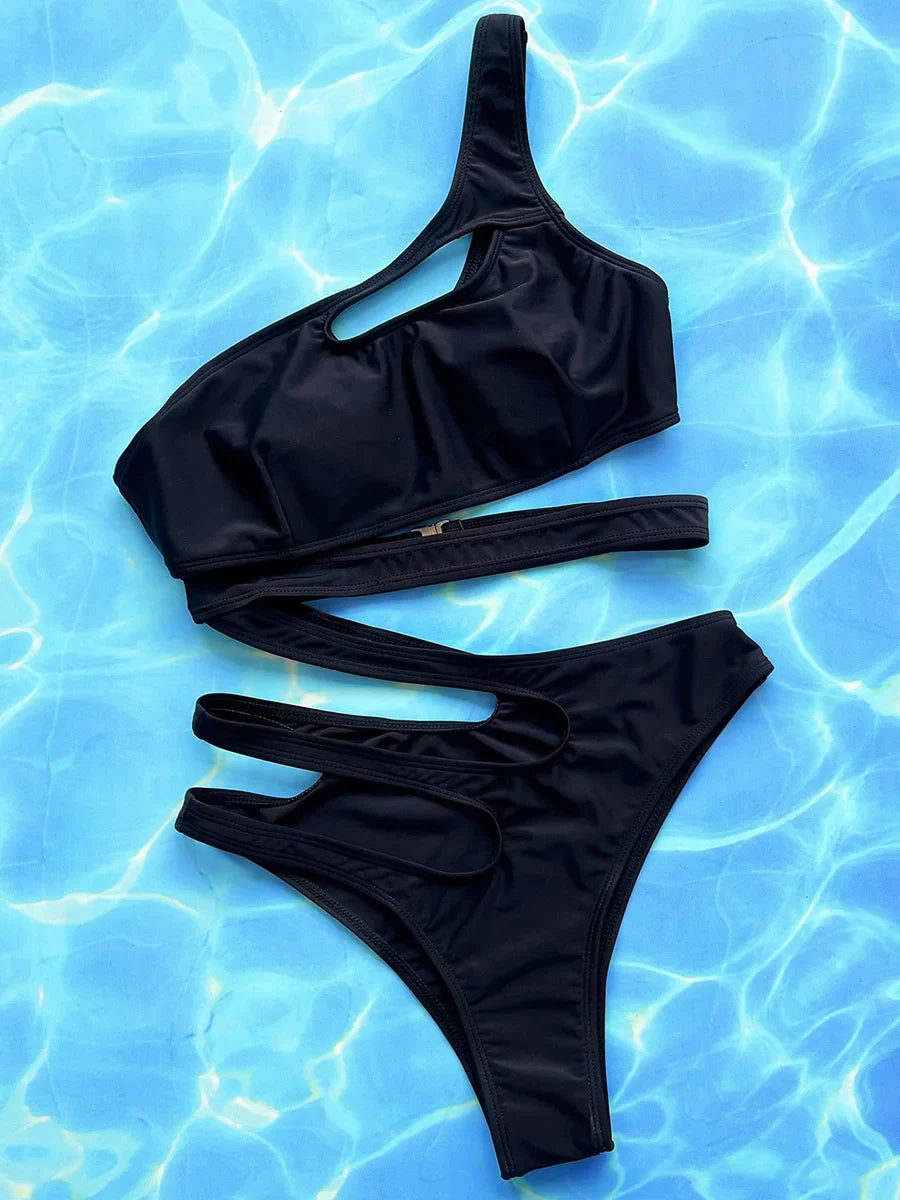 Sexy Asymmetric Hollow Out One Shoulder Women Swimwear One Piece Swimsuit