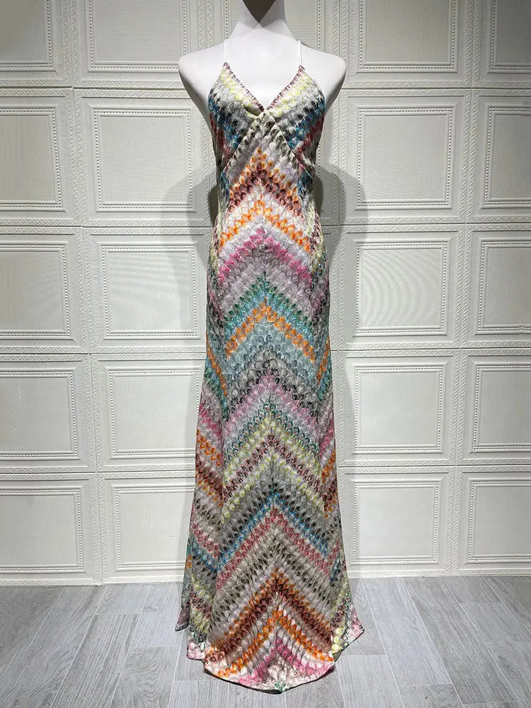 Sexy Print V Neck Halter Maxi Dress