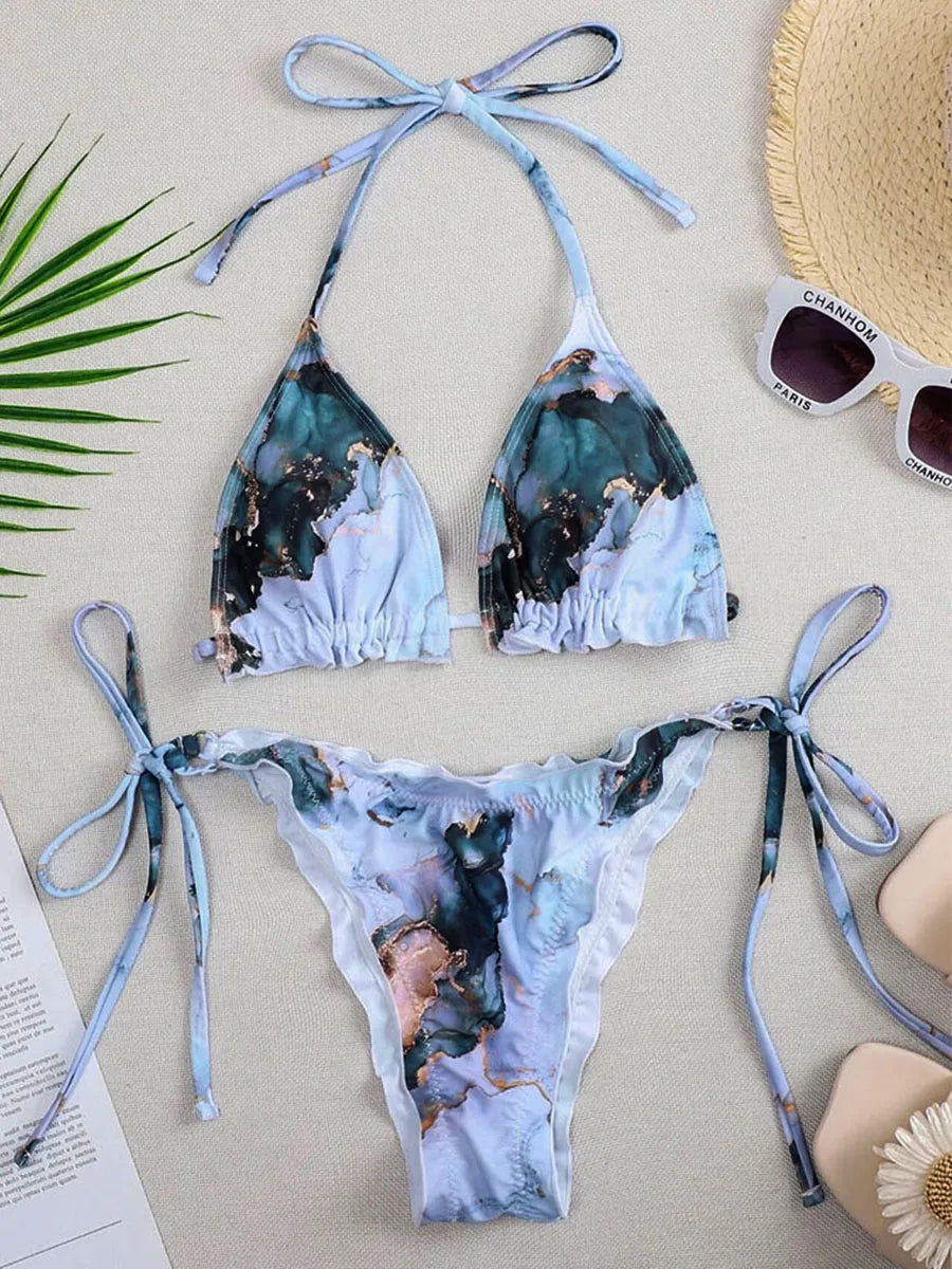Ribbed Ruffled Frilled Brazilian Bikini