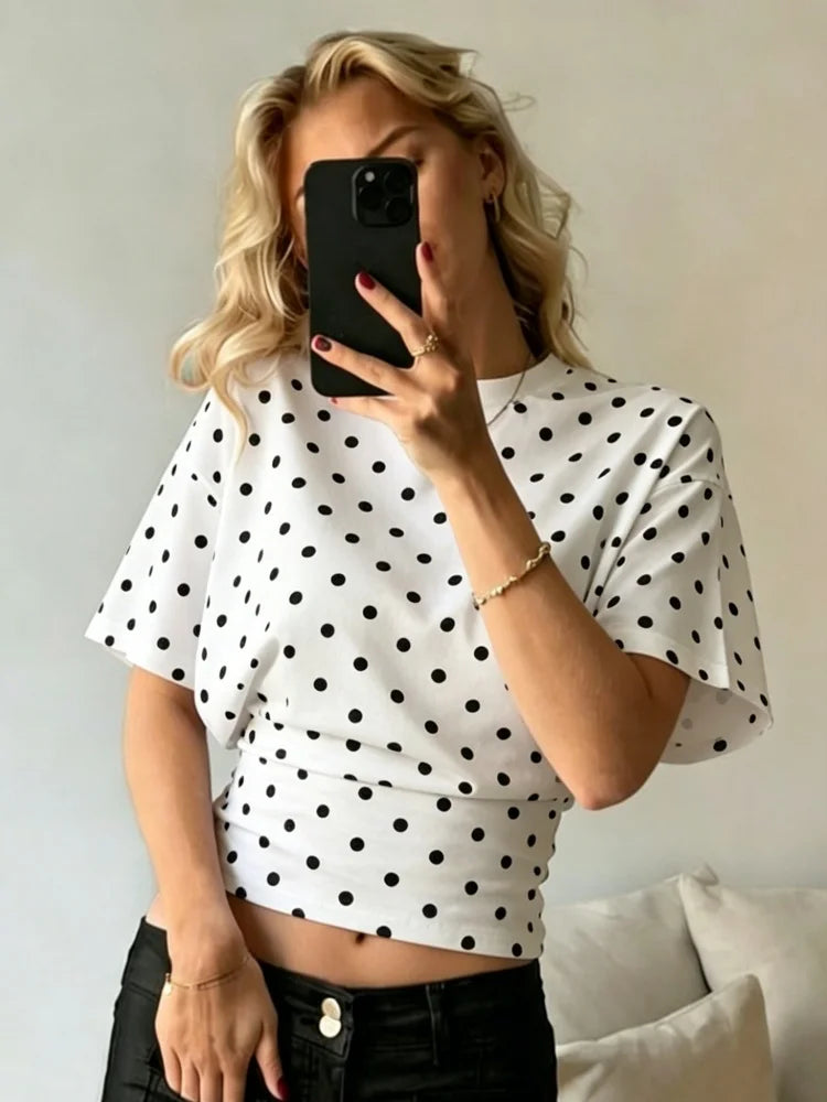 Round Neck Pleating Polka Dots Dolman Sleeve Crop Top