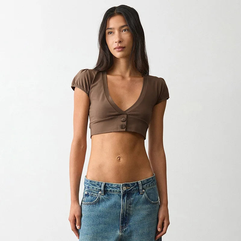 Solid V Neck Button Front Crop Top