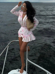 Sexy Pink Printed Satin Mini Dress