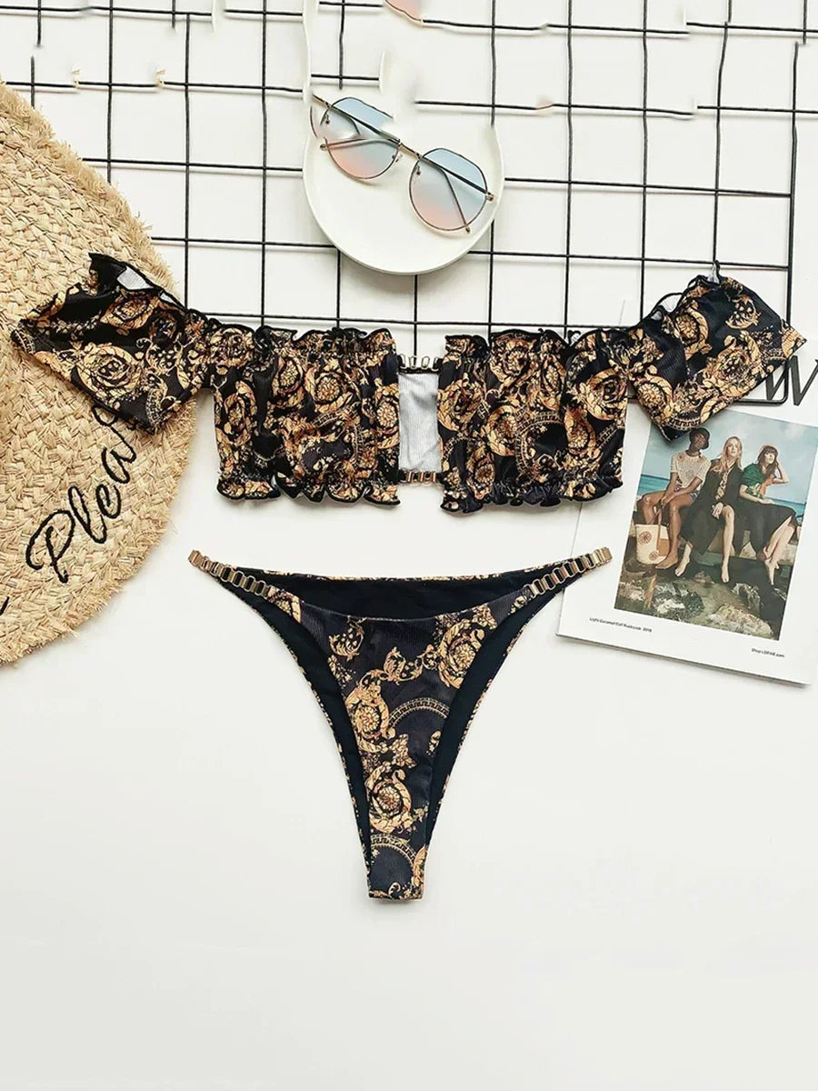 Cherry Print Off Shoulder Bikini