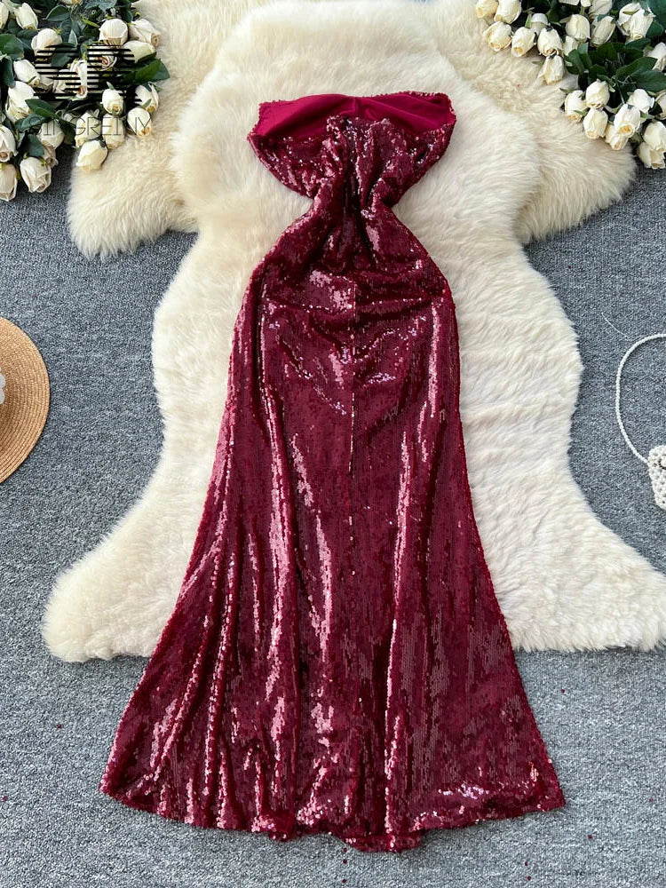 Sequined Strapless Slit Dress