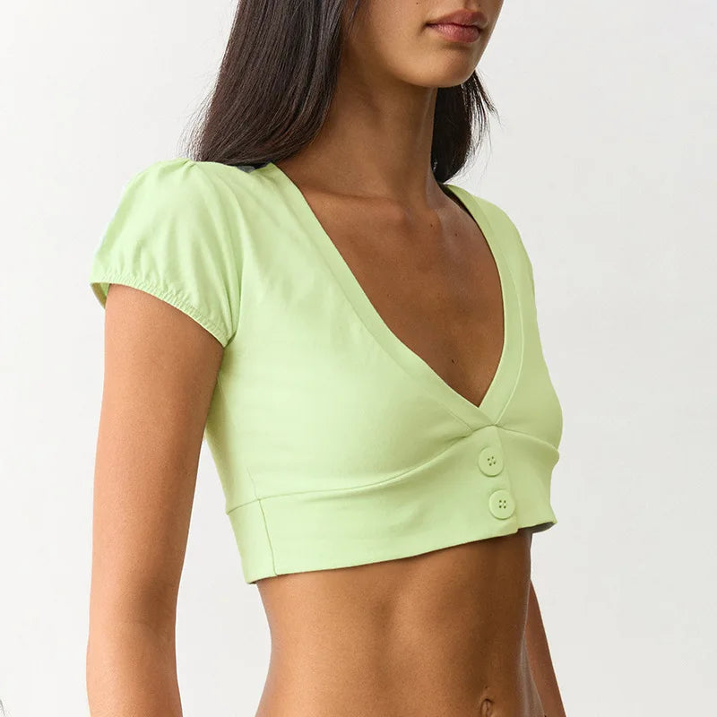 Solid V Neck Button Front Crop Top