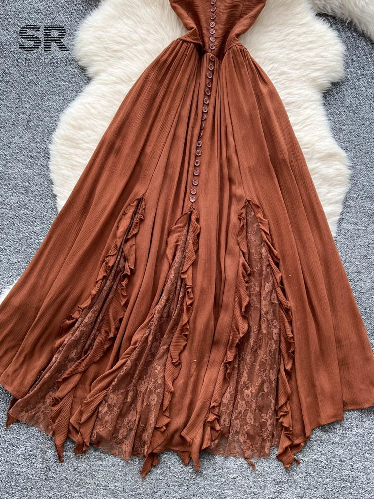 Retro Spaghetti Straps Long Dress