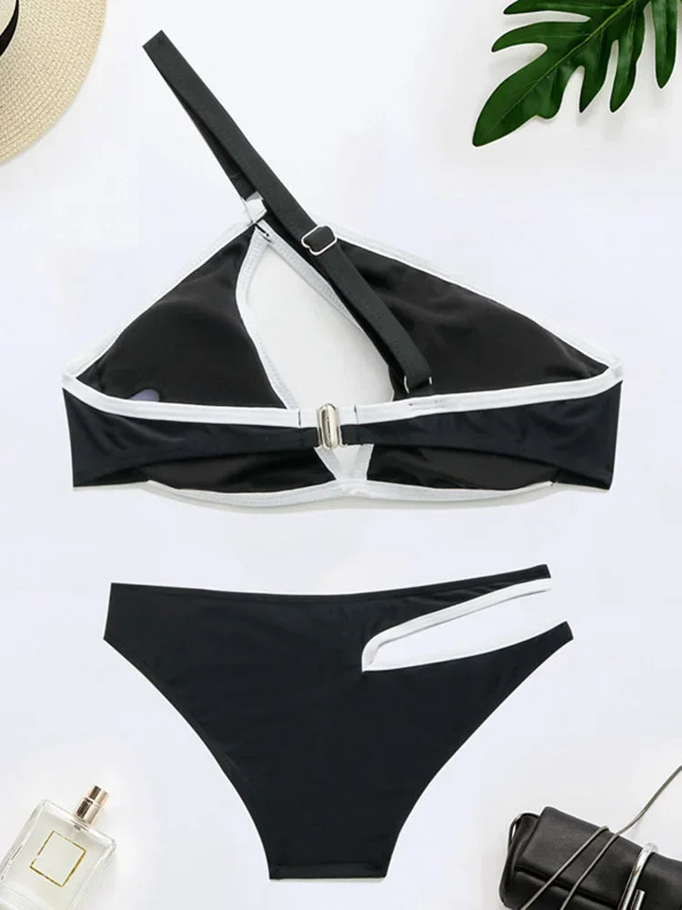 Splicing One Shoulder High Cut Out Bikini
