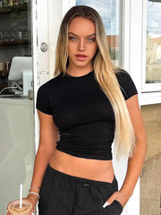 Spring New Short Sleeve T-Shirt Solid Simple Casual Soft All-Match Hot Basic Crop Tops