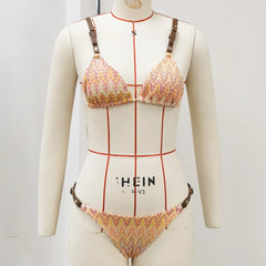 Sexy Orange Leaves Striped Bikini Set