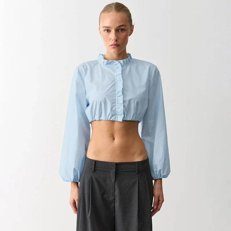 Autumn New Versatile Commuter Pullover Blouse Ruffle Trim Button Short Top