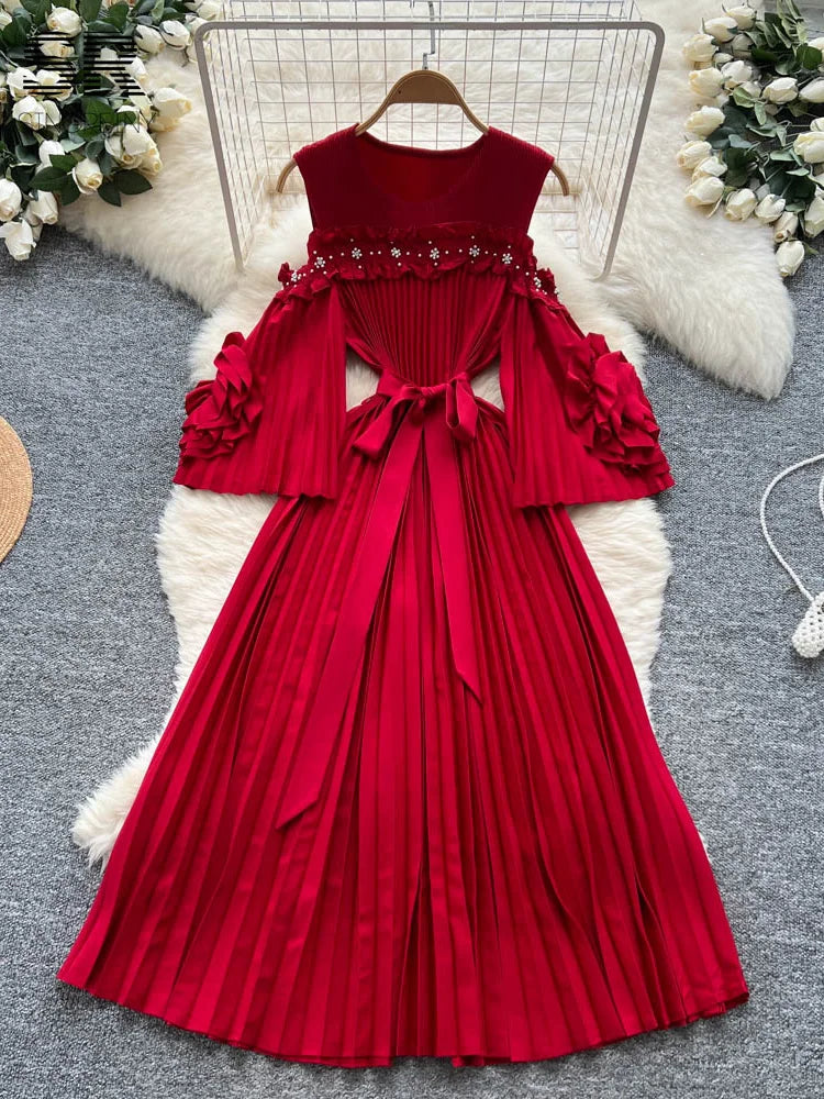 Elegant Beading Pleated Gown Female Bow Collar Flare Sleeves Hollow Out High Quality Autumn 3D Floral Maxi Party Dress