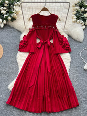 Elegant Beading Pleated Gown Female Bow Collar Flare Sleeves Hollow Out High Quality Autumn 3D Floral Maxi Party Dress