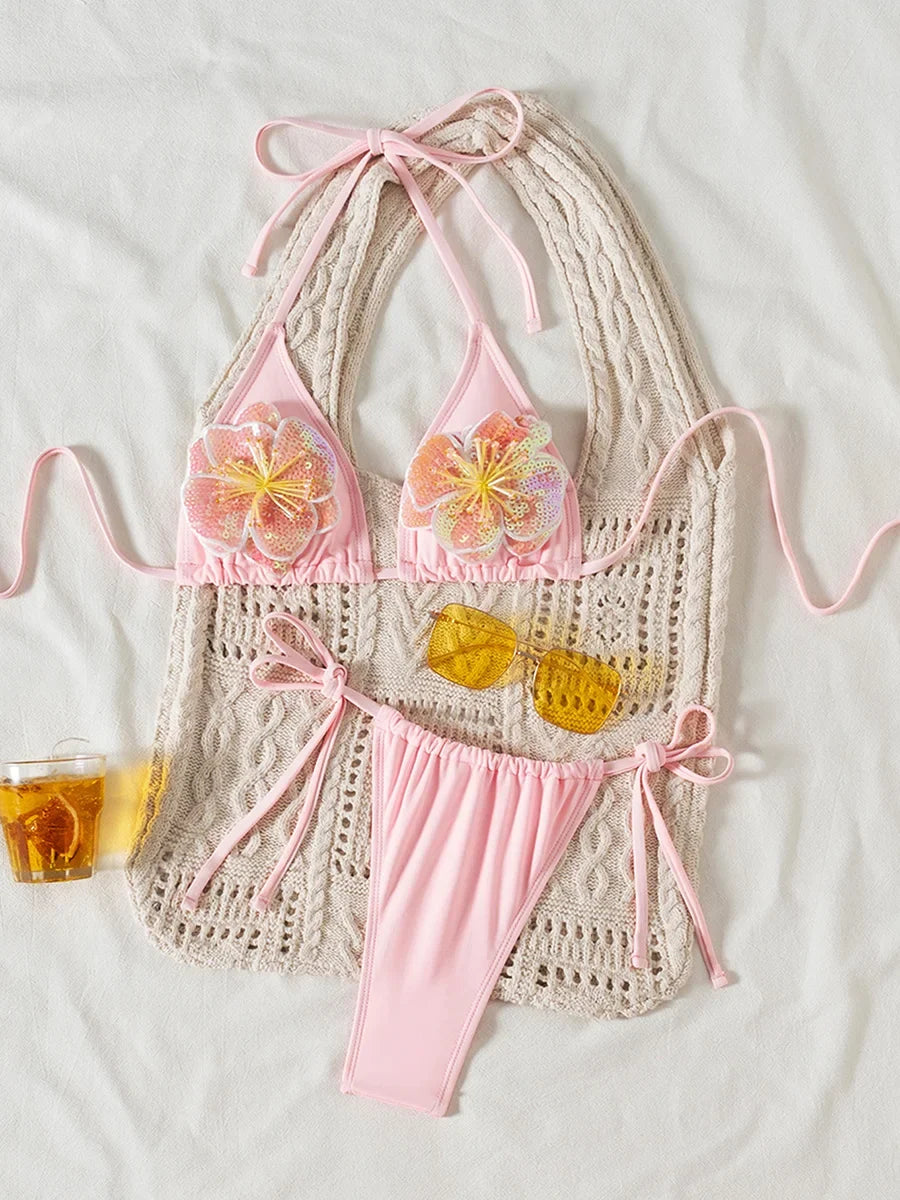 3D Flowers Halter Mini Micro Thong Bikini