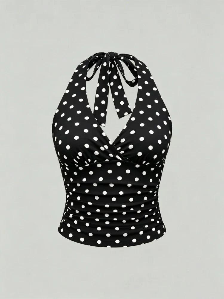 Leopard Printed V-neck Backless Halter Crop Top