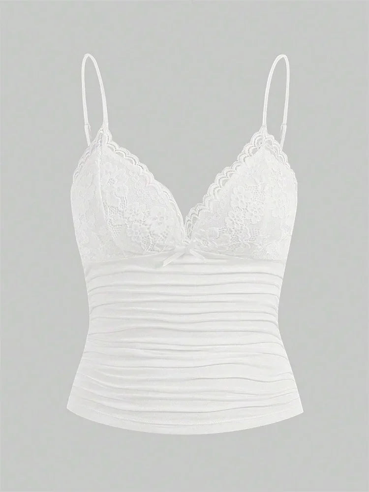 Sexy Contrast Lace Bow Front Crop Cami Top