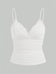 Sexy Contrast Lace Bow Front Crop Cami Top
