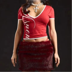 V Neck Short Sleeve Cropped T-Shirt with Letter Print Y2K Style Slim Fit Casual Streetwear Top