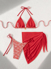 Sexy Red Mesh Cover Up 3 Piece Bikini Set