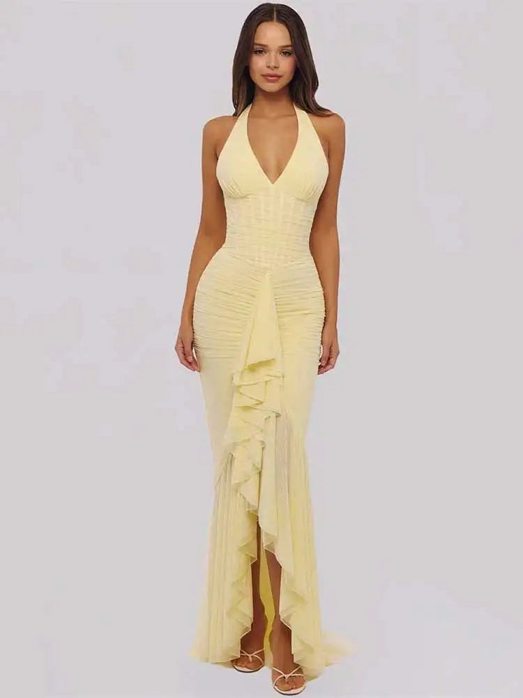 Mesh Deep V Neck Backless Sexy Maxi Dress