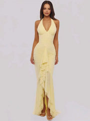 Mesh Deep V Neck Backless Sexy Maxi Dress