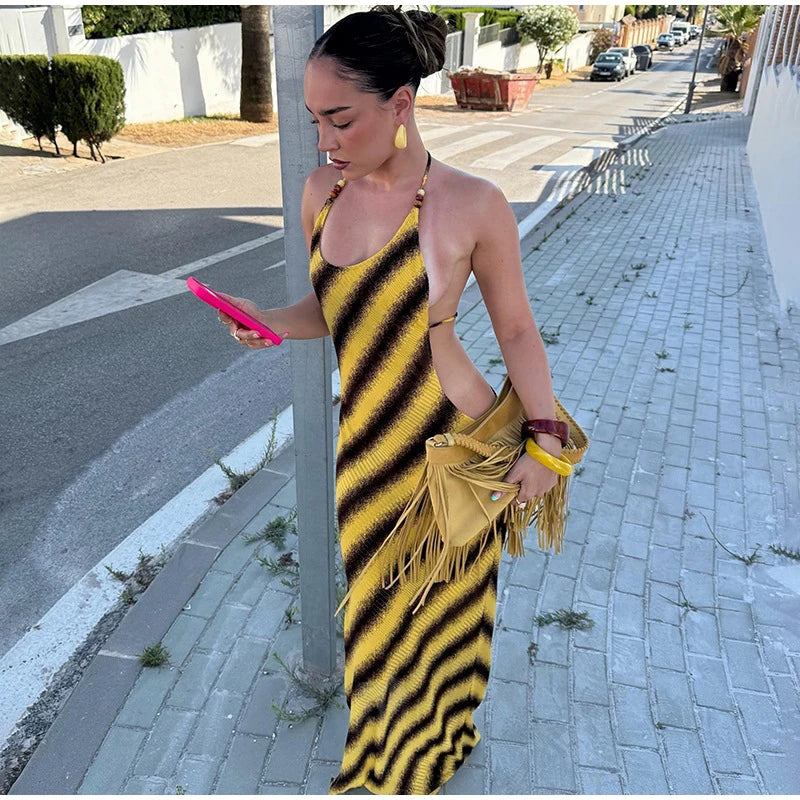 Yellow Brown Diagonal Stripe Ribbed Maxi Dress