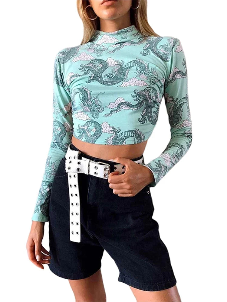 Women's Dragon Pattern Crop T-shirt Long Sleeve Backless Sexy Tee Elastic Skinny Top