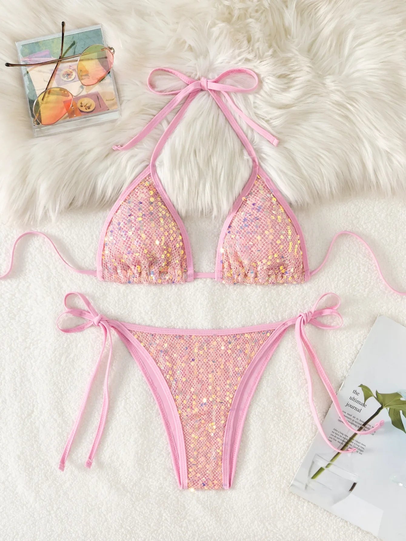 Shiny Sequin Pink Black Bikini