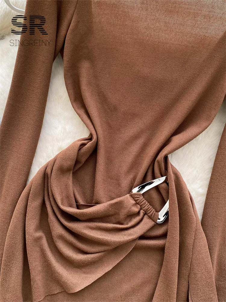 Sexy Backless Bodycon Dresss Autumn Long Sleeve V Neck Metal Button Sashes American Spicy Short Dresses