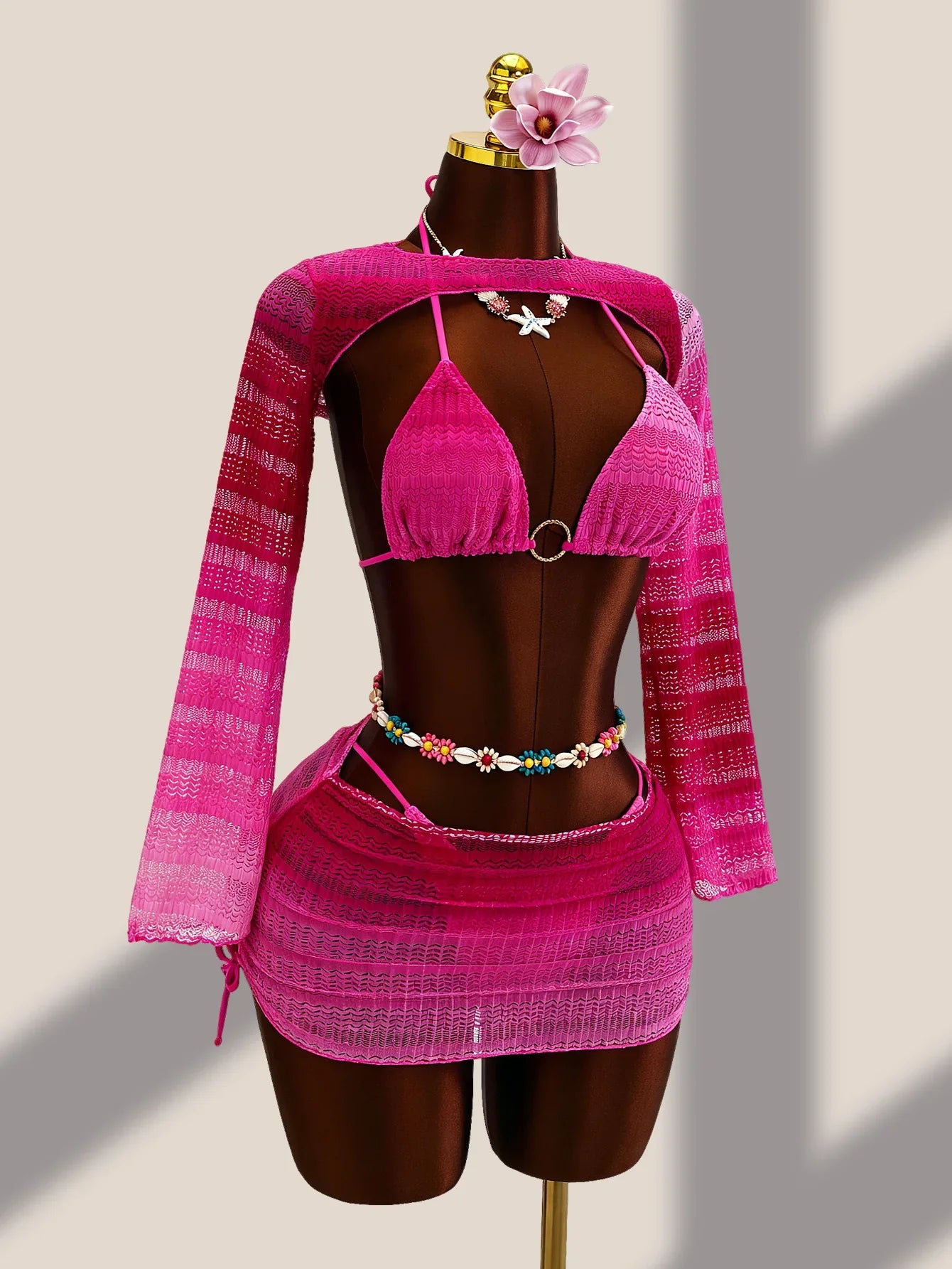 Sexy Hot Pink Gradient Knitted Bikini Set
