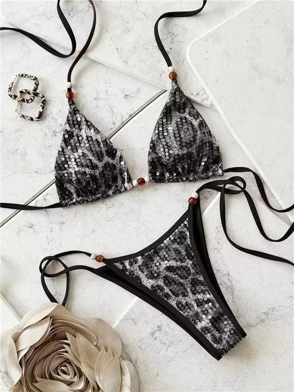 Sexy Sequin Gray Leopard Print Bikini Set