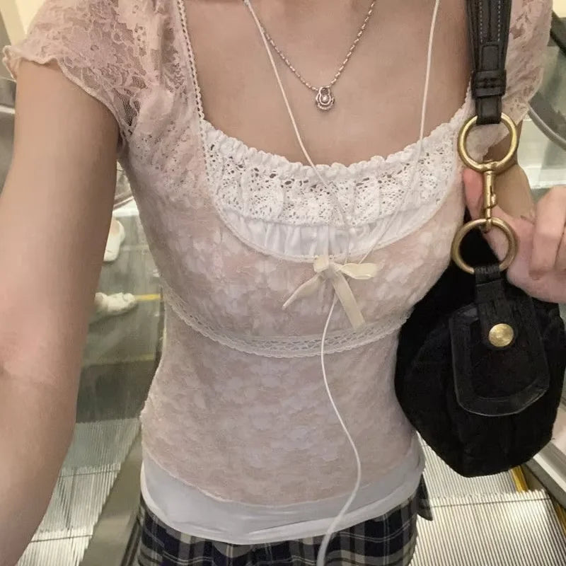 Y2K Fairycore Blue Floral Lace Milkmaid Tank Tops