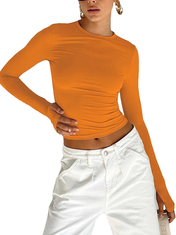 T-shirt Long Sleeve Crew Neck Solid Slim Fit Ladies Crop Top