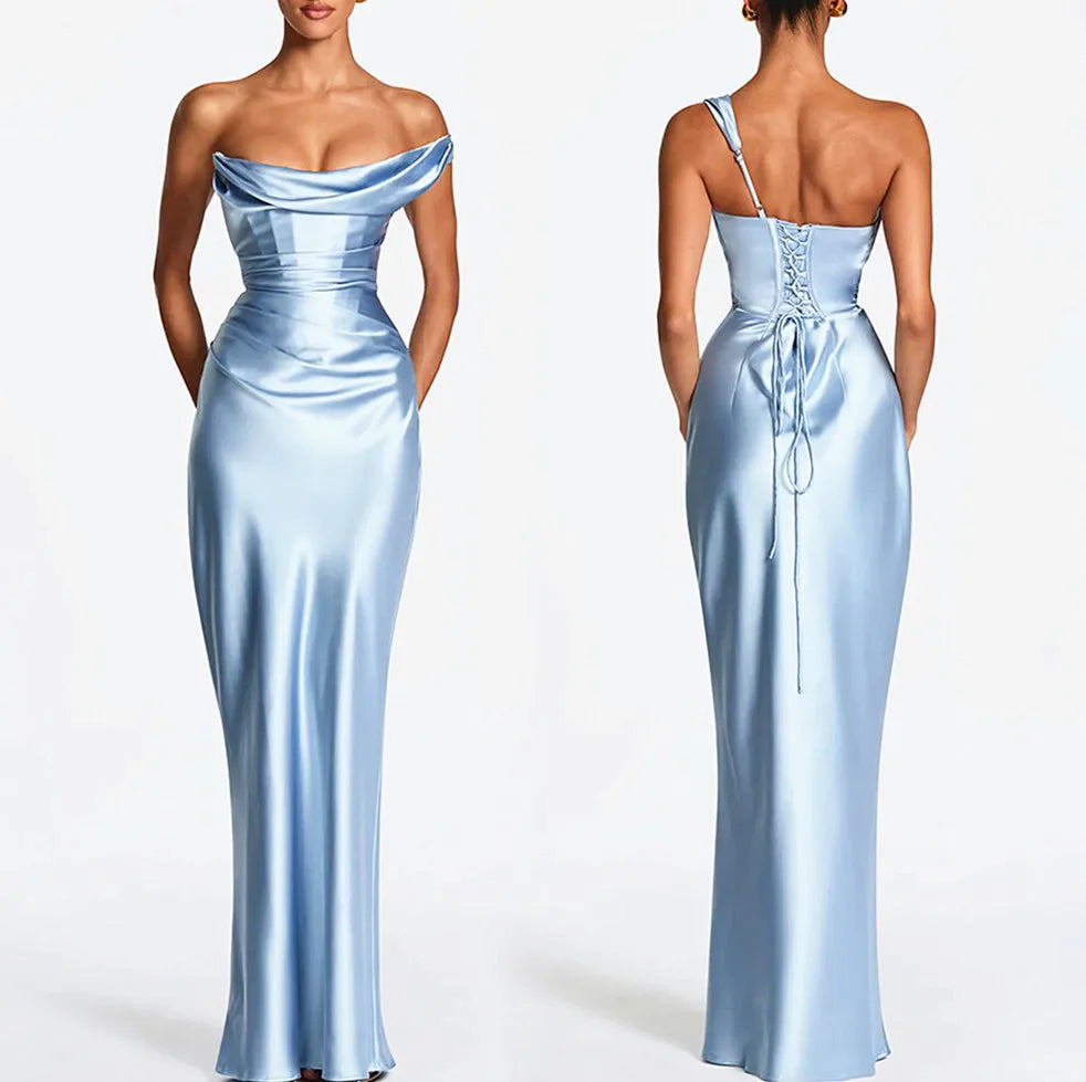 Sexy Light Blue Silky Satin One Shoulder Cowl Neck Draped Maxi Dress