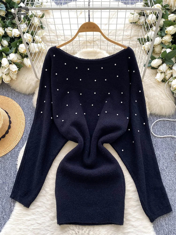 Winter Sexy Beading Knitted Dress