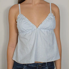 Boho Striped Ruffles V Neck Camis Beach Holiday Sleeveless Crop Tops