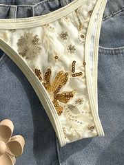 Beige Floral Embroidery Pleate Push Up Hollow Out Thong Swimsuit