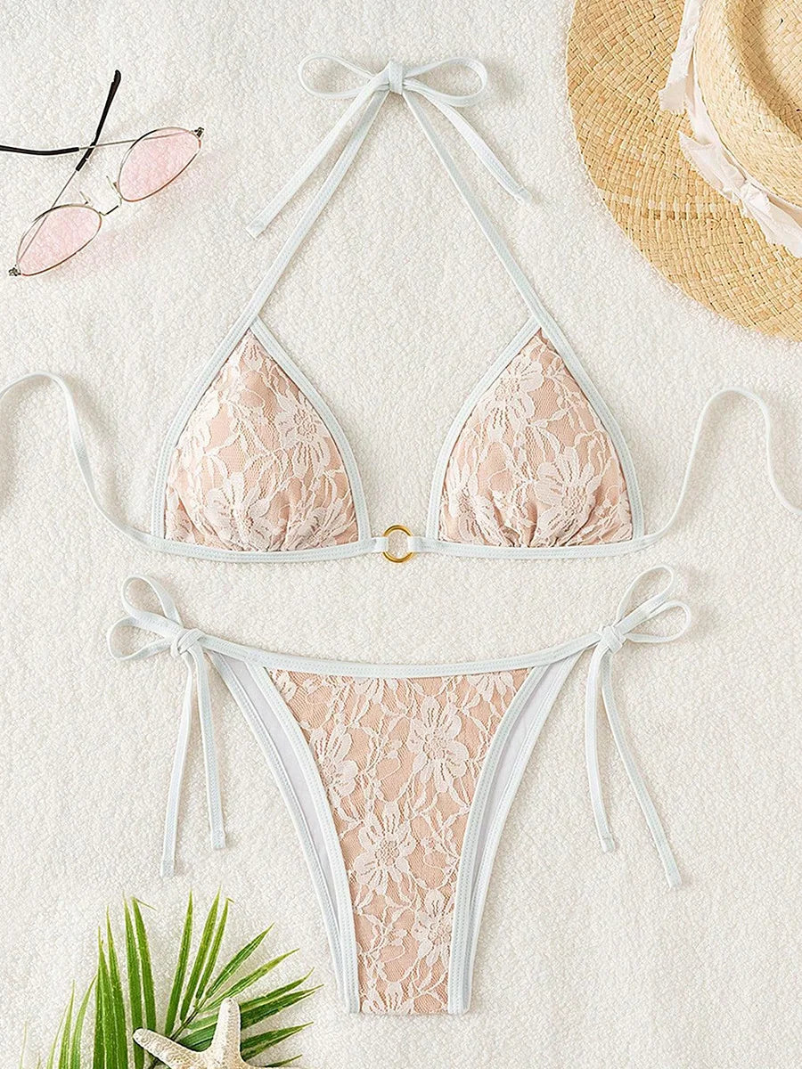 Embroidery Mesh Lace Halter High Cut Bikini